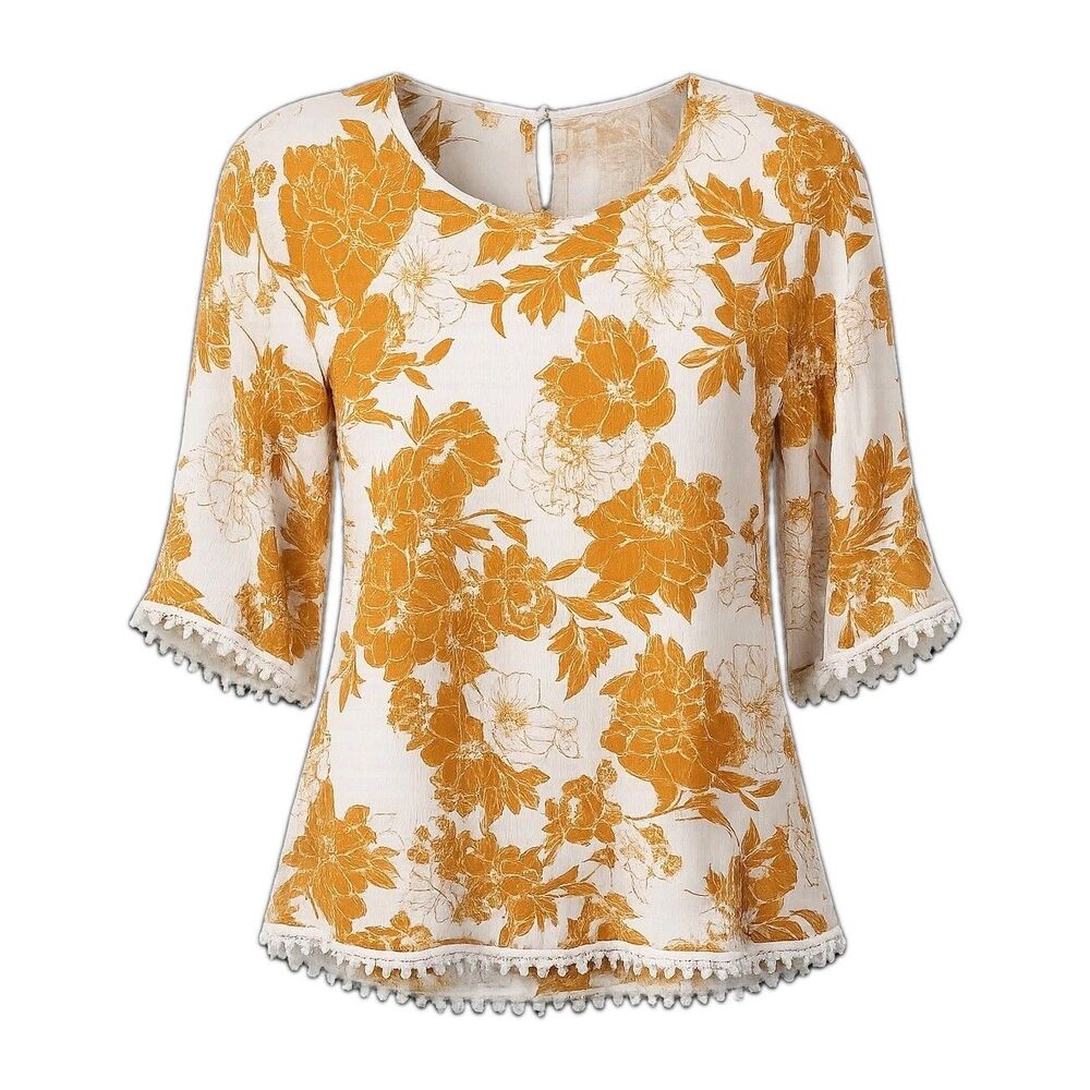 Papermoon Floral Boho Blouse Women's Sz M Mustard White Pom Pom Trim 3/4 Sleeve